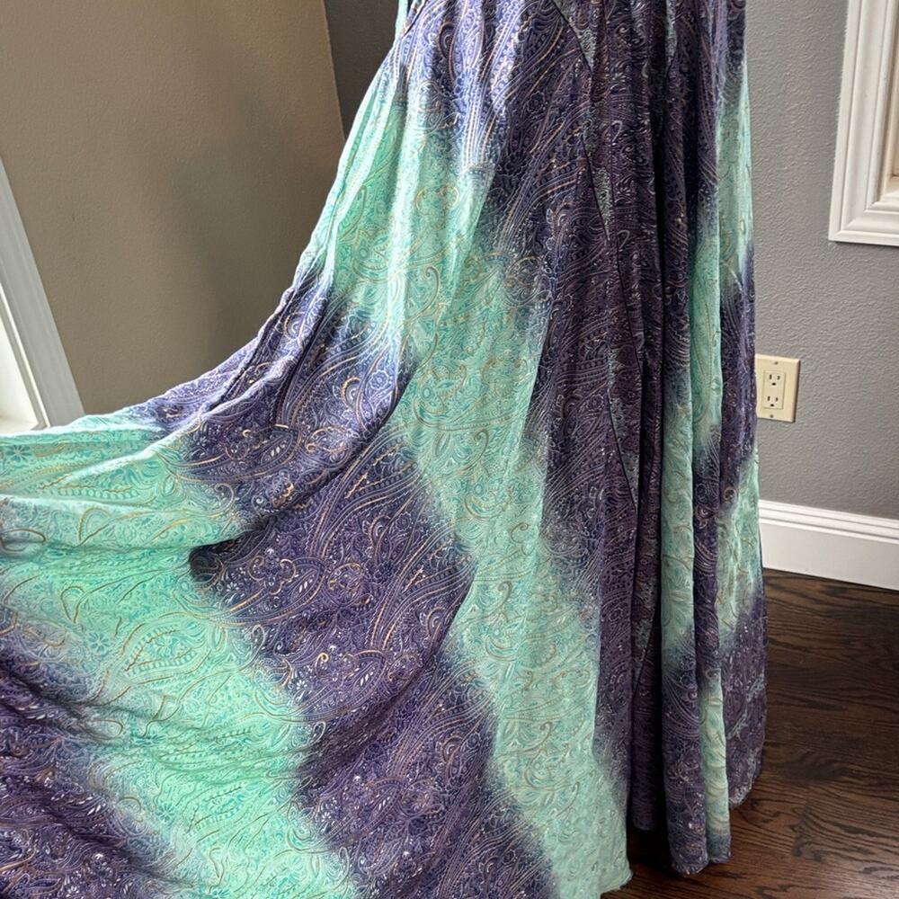 Flowy Bohemian Maxi Dress in Indigo & Mint with Gold Accents - Picture 3 of 7